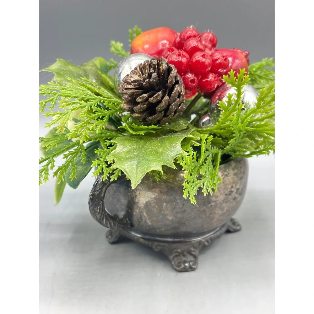 Vtg Castle Silver on Copper‎ Christmas Holiday Decor Pinecone Berry